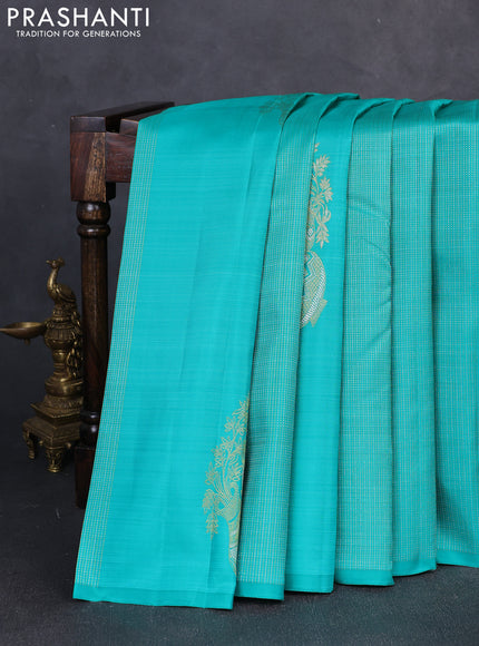 Pure kanchipuram silk saree teal green and violet with allover silver & zari weaves & buttas in borderless style