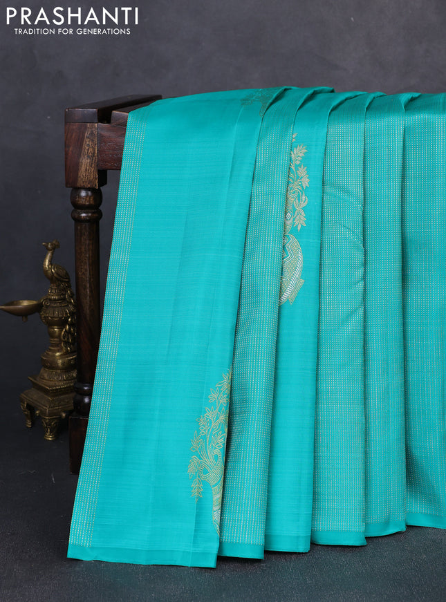 Pure kanchipuram silk saree teal green and violet with allover silver & zari weaves & buttas in borderless style