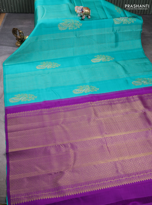 Pure kanchipuram silk saree teal green and violet with allover silver & zari weaves & buttas in borderless style