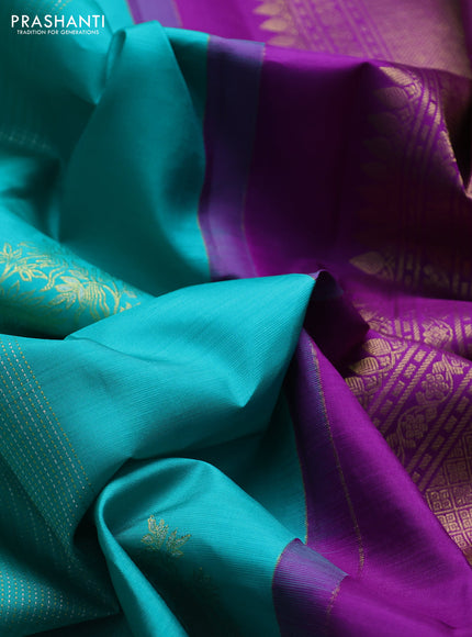 Pure kanchipuram silk saree teal green and violet with allover silver & zari weaves & buttas in borderless style