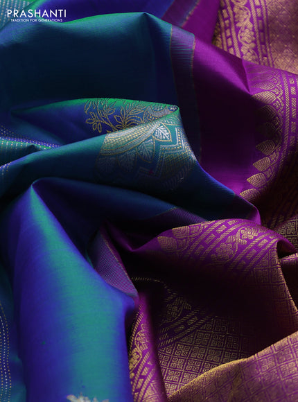 Pure kanchipuram silk saree dual shade of bluish green and purple with allover zari weaves & buttas in borderless style
