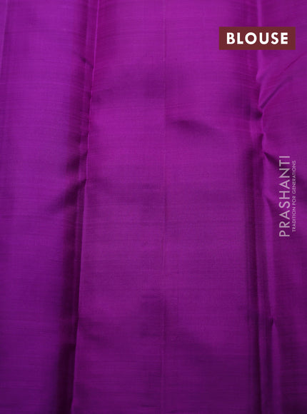 Pure kanchipuram silk saree dual shade of bluish green and purple with allover zari weaves & buttas in borderless style
