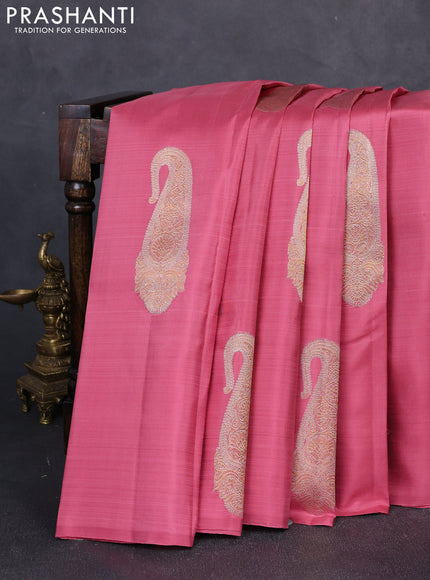 Pure kanchipuram silk saree mauve pink and bottle green with silver & gold zari woven buttas in borderless style