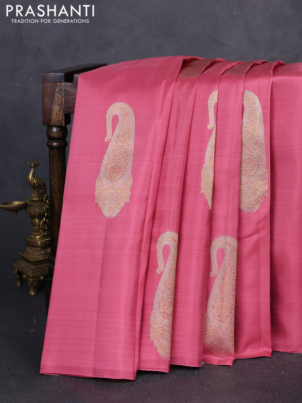 Pure kanchipuram silk saree mauve pink and bottle green with silver & gold zari woven buttas in borderless style