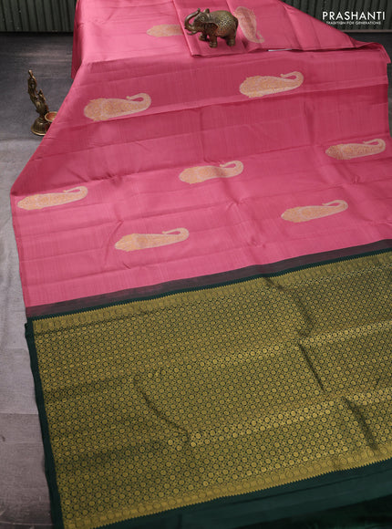 Pure kanchipuram silk saree mauve pink and bottle green with silver & gold zari woven buttas in borderless style
