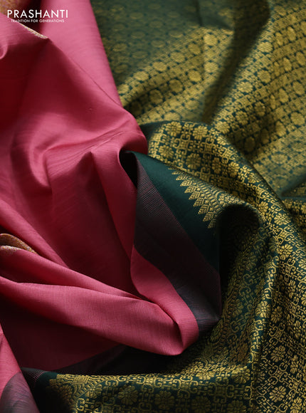 Pure kanchipuram silk saree mauve pink and bottle green with silver & gold zari woven buttas in borderless style