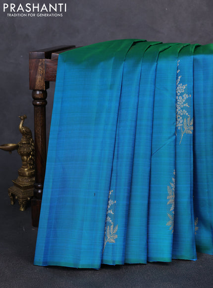 Pure kanchipuram silk saree dual shade of bluish green and pink with silver & gold zari woven buttas in borderless style