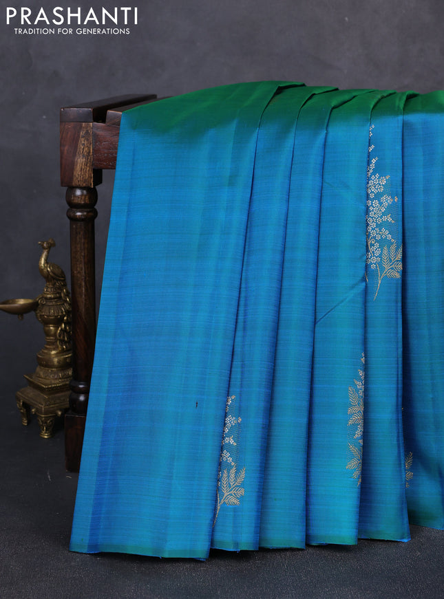 Pure kanchipuram silk saree dual shade of bluish green and pink with silver & gold zari woven buttas in borderless style