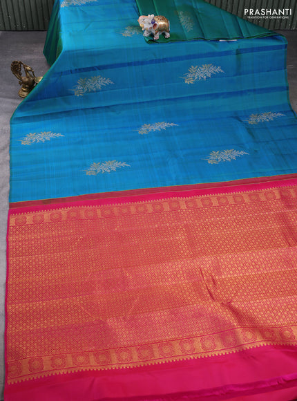 Pure kanchipuram silk saree dual shade of bluish green and pink with silver & gold zari woven buttas in borderless style