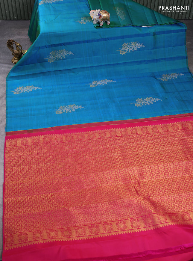 Pure kanchipuram silk saree dual shade of bluish green and pink with silver & gold zari woven buttas in borderless style