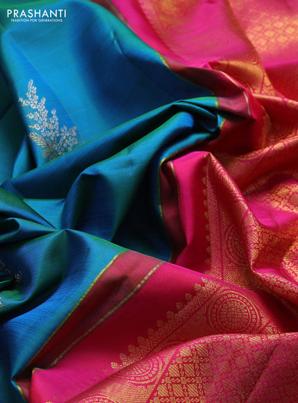 Pure kanchipuram silk saree dual shade of bluish green and pink with silver & gold zari woven buttas in borderless style