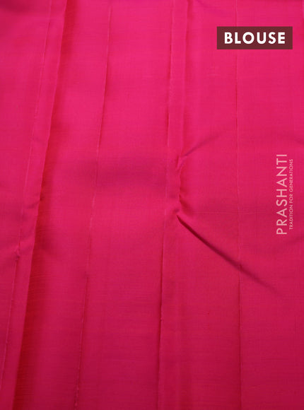 Pure kanchipuram silk saree dual shade of bluish green and pink with silver & gold zari woven buttas in borderless style