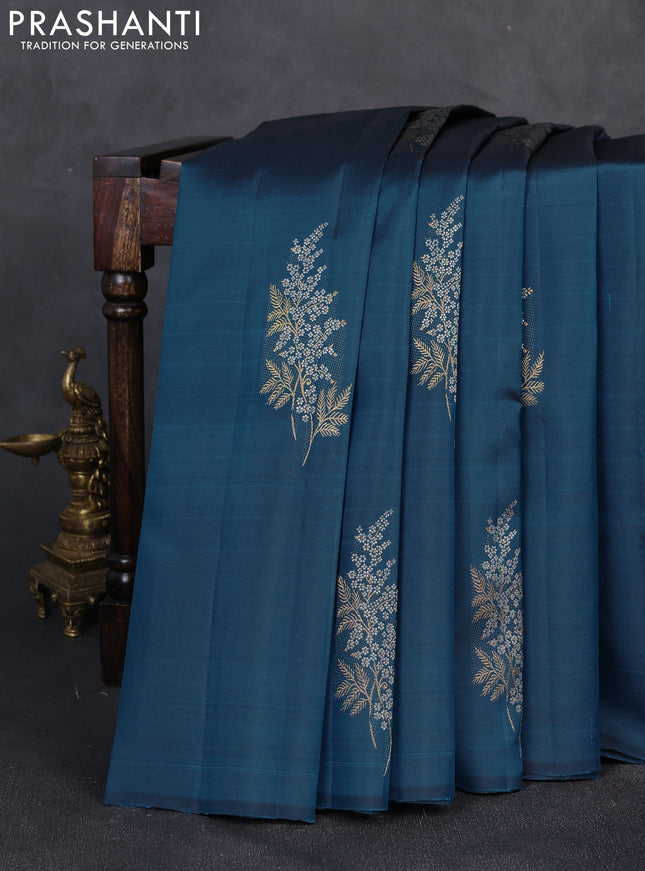 Pure kanchipuram silk saree peacock blue and pink with silver & gold zari woven buttas in borderless style
