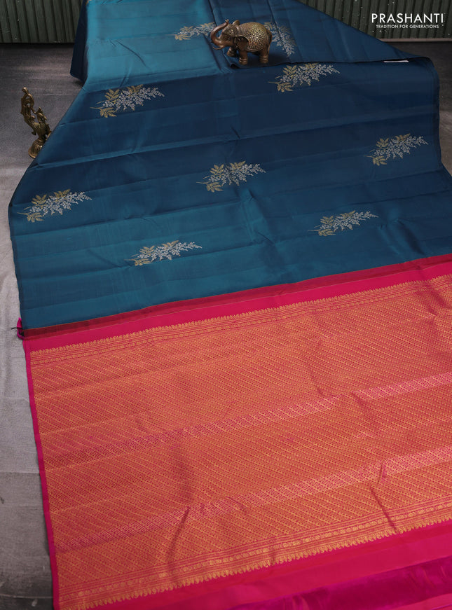 Pure kanchipuram silk saree peacock blue and pink with silver & gold zari woven buttas in borderless style