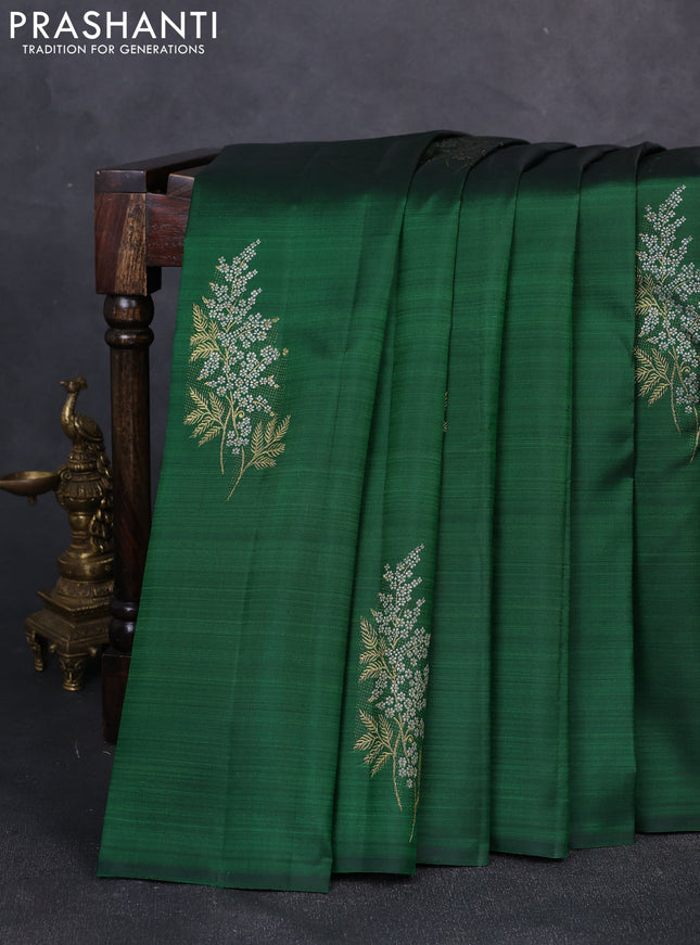 Pure kanchipuram silk saree bottle green and pink with silver & gold zari woven buttas in borderless style