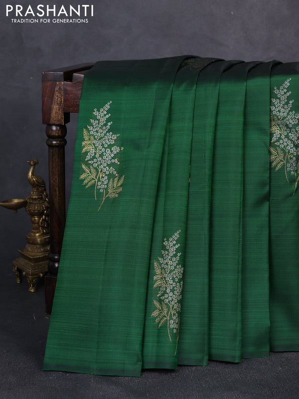 Pure kanchipuram silk saree bottle green and pink with silver & gold zari woven buttas in borderless style