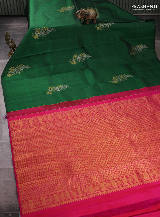 Pure kanchipuram silk saree bottle green and pink with silver & gold zari woven buttas in borderless style
