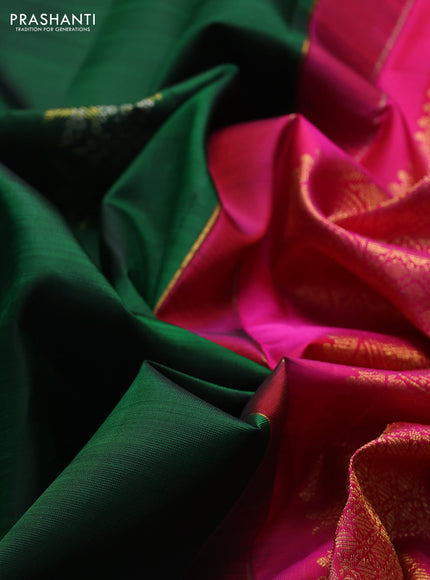 Pure kanchipuram silk saree bottle green and pink with silver & gold zari woven buttas in borderless style