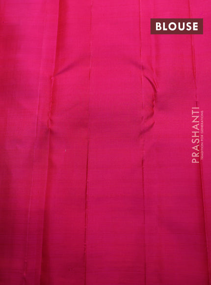 Pure kanchipuram silk saree bottle green and pink with silver & gold zari woven buttas in borderless style