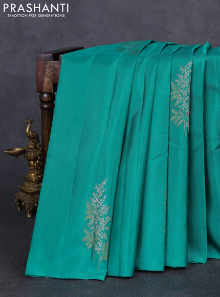 Pure kanchipuram silk saree teal green and pink with silver & gold zari woven buttas in borderless style