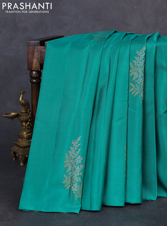 Pure kanchipuram silk saree teal green and pink with silver & gold zari woven buttas in borderless style