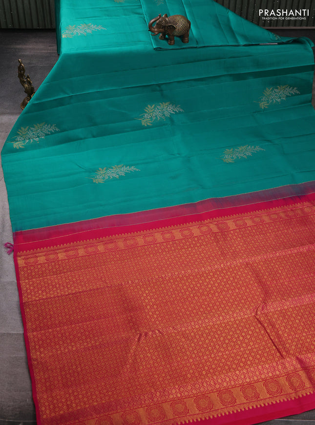 Pure kanchipuram silk saree teal green and pink with silver & gold zari woven buttas in borderless style