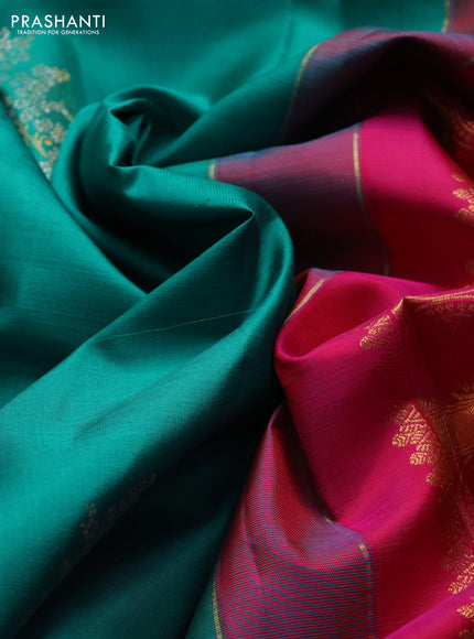 Pure kanchipuram silk saree teal green and pink with silver & gold zari woven buttas in borderless style