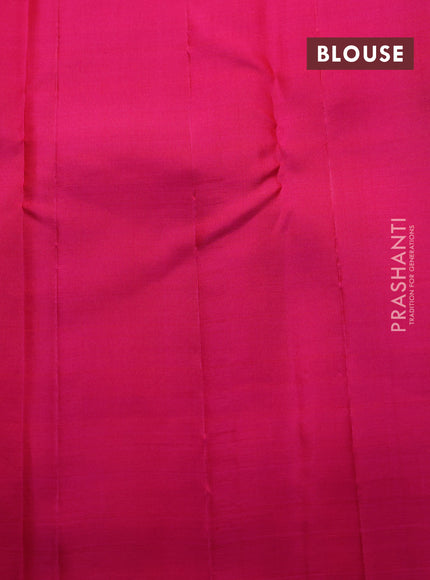 Pure kanchipuram silk saree teal green and pink with silver & gold zari woven buttas in borderless style