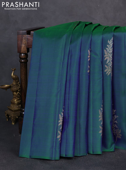 Pure kanchipuram silk saree dual shade of bluish green and pink with silver & gold zari woven buttas in borderless style