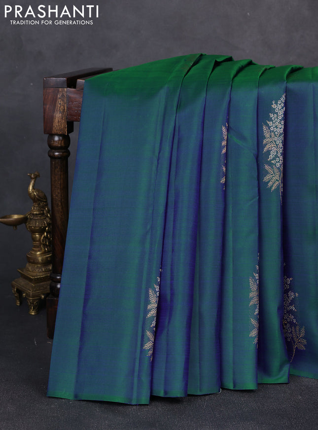Pure kanchipuram silk saree dual shade of bluish green and pink with silver & gold zari woven buttas in borderless style
