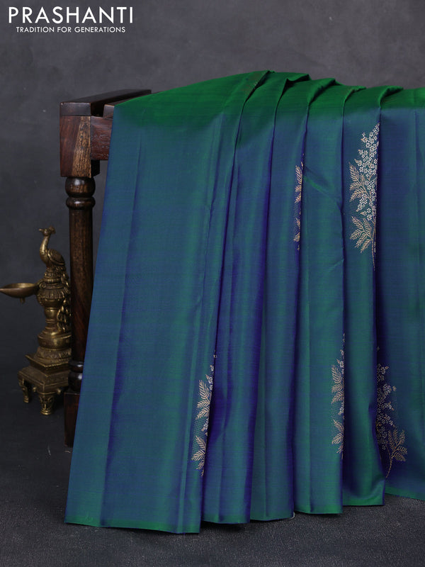 Pure kanchipuram silk saree dual shade of bluish green and pink with silver & gold zari woven buttas in borderless style