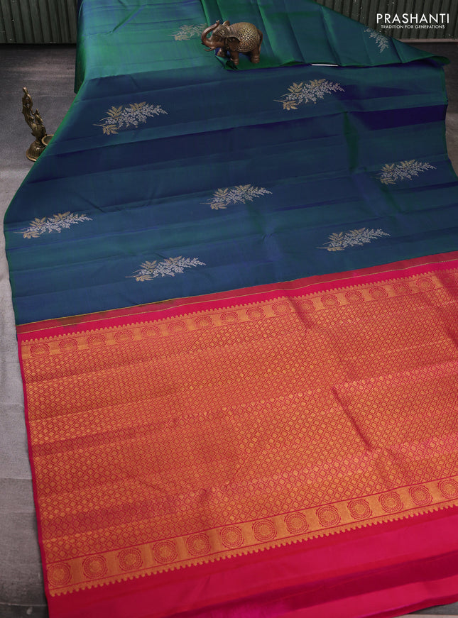 Pure kanchipuram silk saree dual shade of bluish green and pink with silver & gold zari woven buttas in borderless style