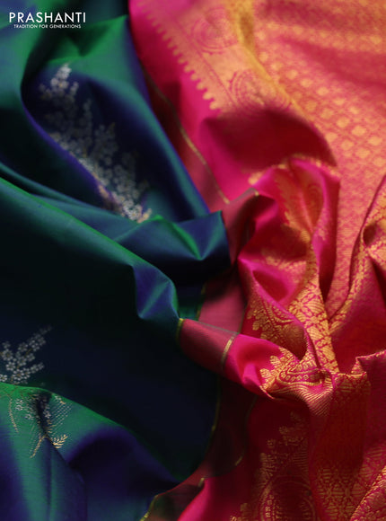 Pure kanchipuram silk saree dual shade of bluish green and pink with silver & gold zari woven buttas in borderless style