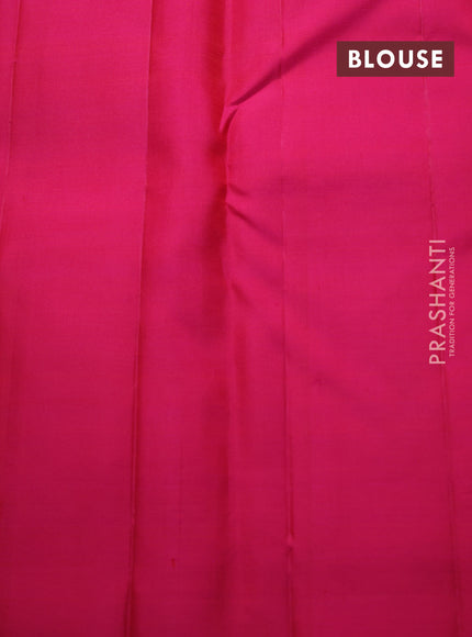 Pure kanchipuram silk saree dual shade of bluish green and pink with silver & gold zari woven buttas in borderless style
