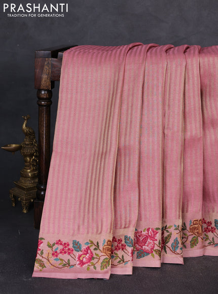 Tissue saree pink with allover zari stripe pattern and embroidery border