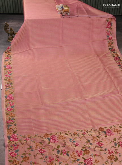 Tissue saree pink with allover zari stripe pattern and embroidery border