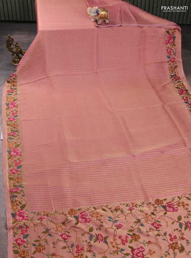 Tissue saree pink with allover zari stripe pattern and embroidery border