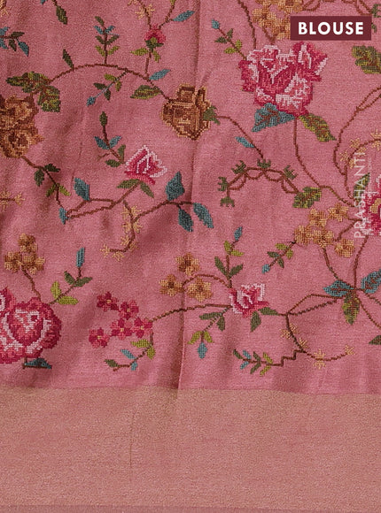 Tissue saree pink with allover zari stripe pattern and embroidery border