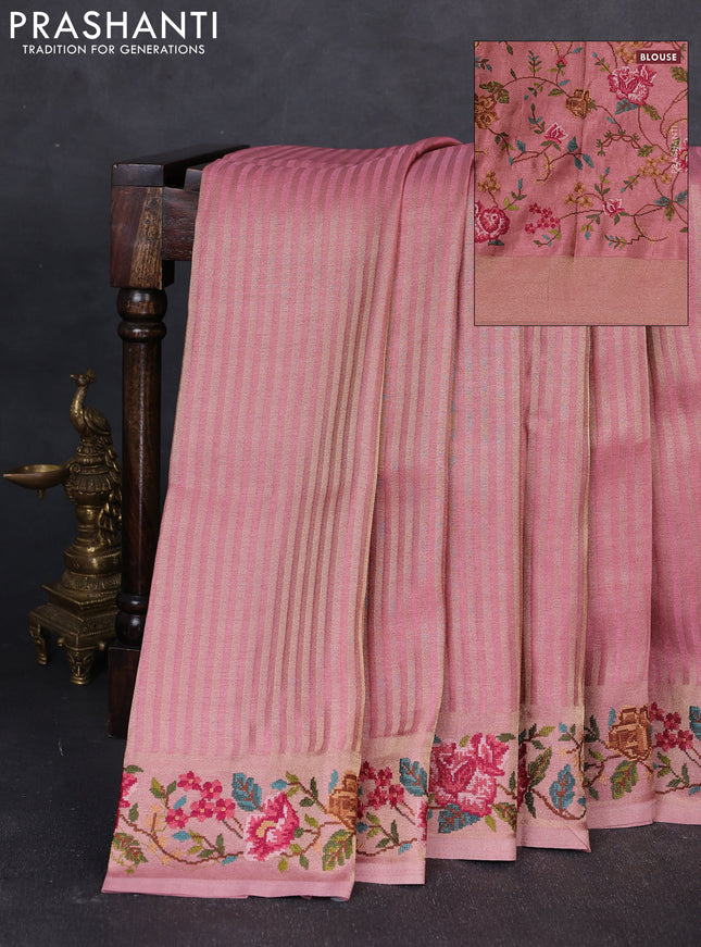 Tissue saree pink with allover zari stripe pattern and embroidery border