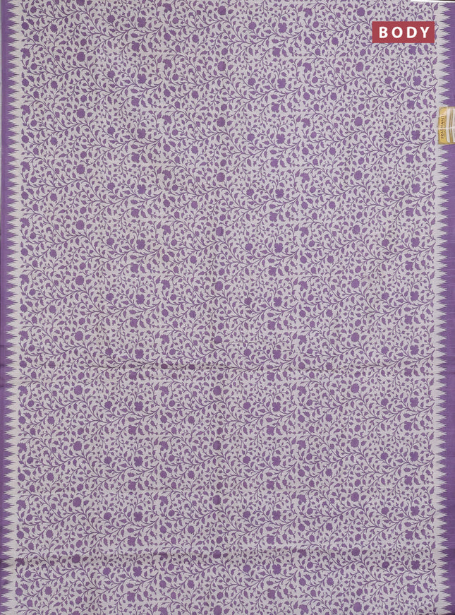 Art tussar saree cream and lavender with allover prints and embroidery pallu