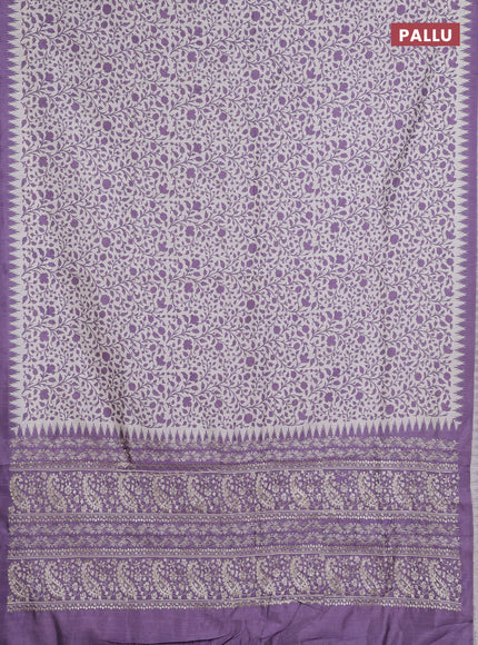 Art tussar saree cream and lavender with allover prints and embroidery pallu