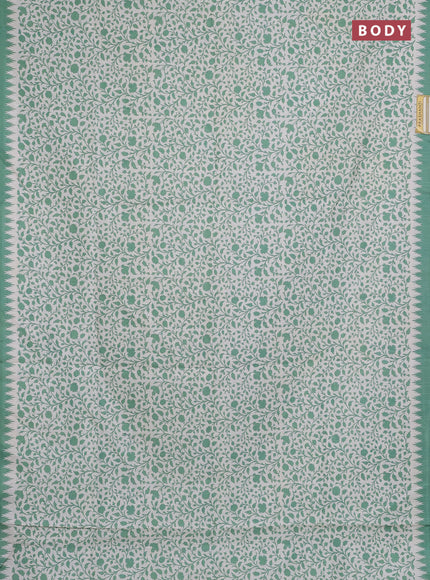 Art tussar saree cream and green with allover prints and embroidery pallu