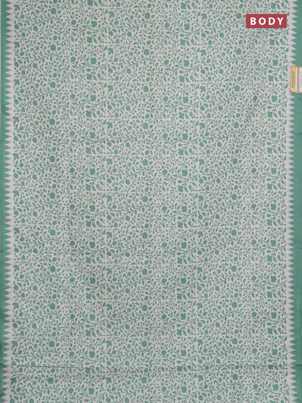 Art tussar saree cream and green with allover prints and embroidery pallu