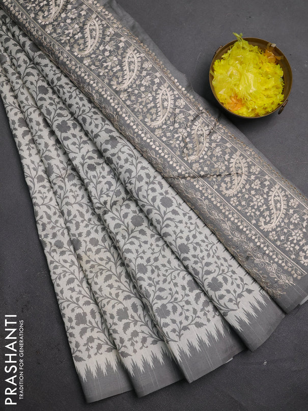 Art tussar saree cream and grey with allover prints and embroidery pallu