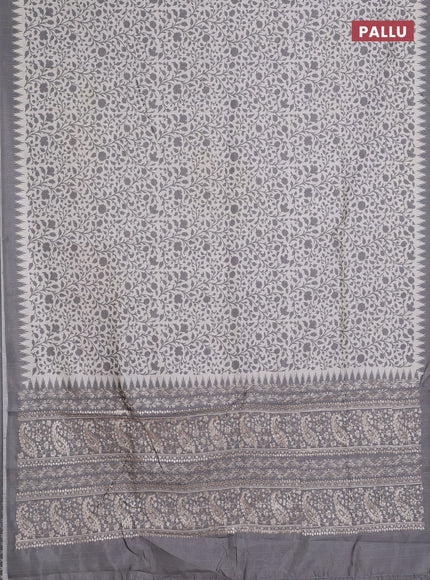 Art tussar saree cream and grey with allover prints and embroidery pallu