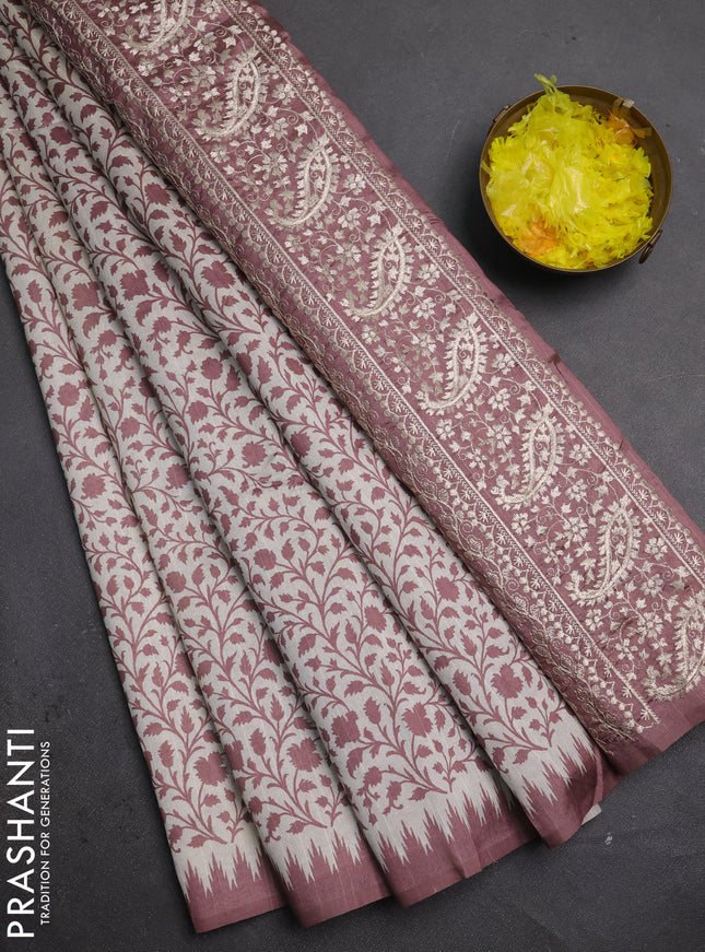 Art tussar saree cream and rosy brown with allover prints and embroidery pallu