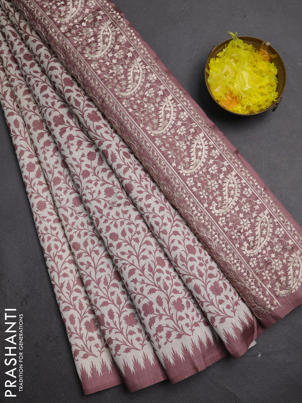 Art tussar saree cream and rosy brown with allover prints and embroidery pallu