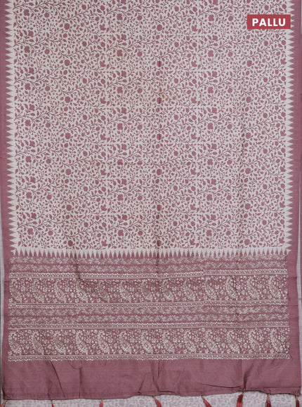 Art tussar saree cream and rosy brown with allover prints and embroidery pallu