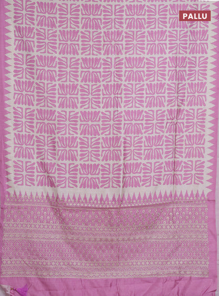 Art tussar saree cream and mauve pink with allover ikat prints and embroidery pallu