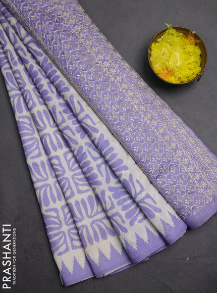 Art tussar saree cream and lavender with allover ikat prints and embroidery pallu